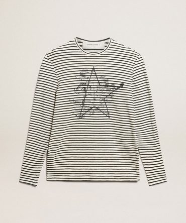 Men’s T-shirt with white and blue stripes and embroidery on the front