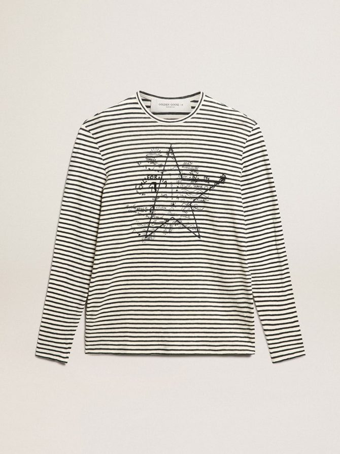 Men’s T-shirt with white and blue stripes and embroidery on the front
