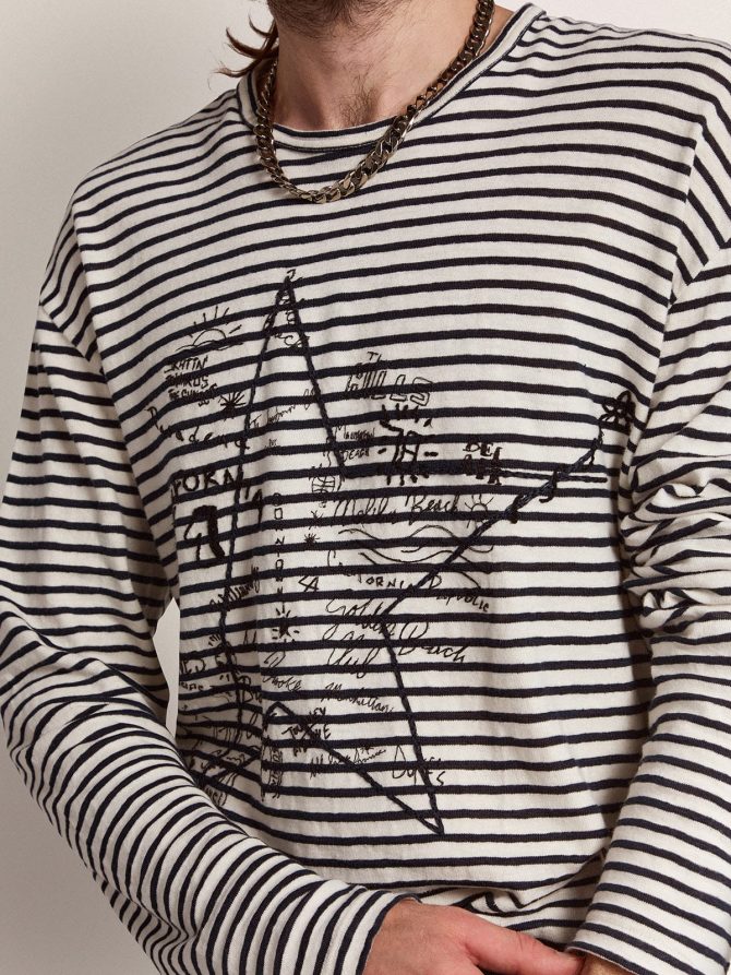 Men’s T-shirt with white and blue stripes and embroidery on the front - Image 2