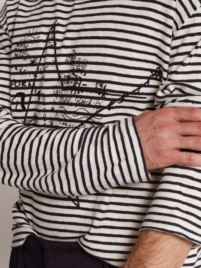 Men’s T-shirt with white and blue stripes and embroidery on the front - Image 5
