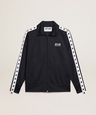 Dark blue sweatshirt with white strip and contrasting blue stars