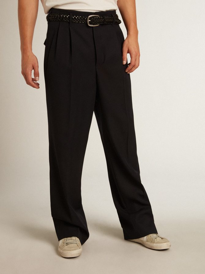 Men’s wide leg pants in dark blue wool - Image 2