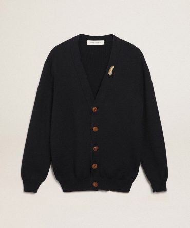 Golden Collection cardigan in dark blue cotton with a distressed finish