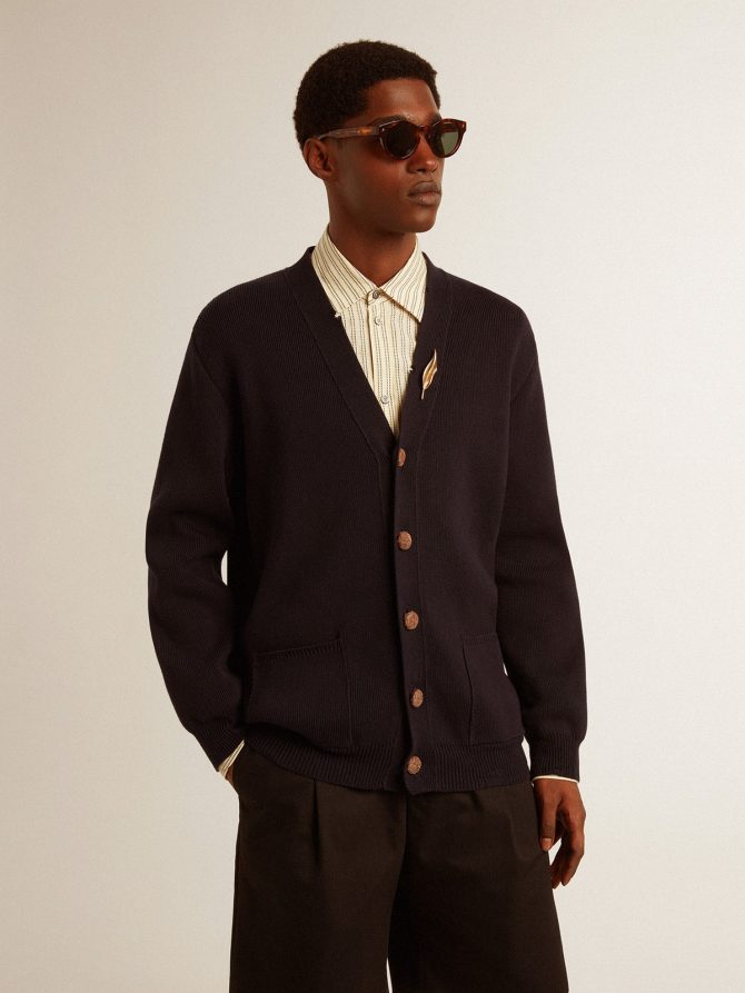 Golden Collection cardigan in dark blue cotton with a distressed finish - Image 2