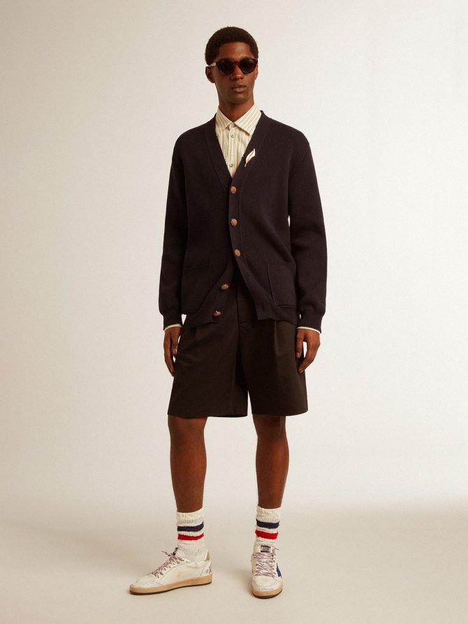 Golden Collection cardigan in dark blue cotton with a distressed finish - Image 3