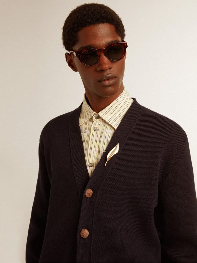 Golden Collection cardigan in dark blue cotton with a distressed finish - Image 5