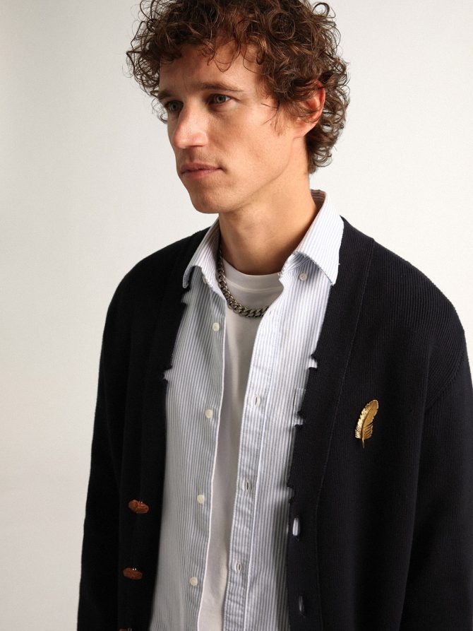 Golden Collection cardigan in dark blue cotton with a distressed finish - Image 6