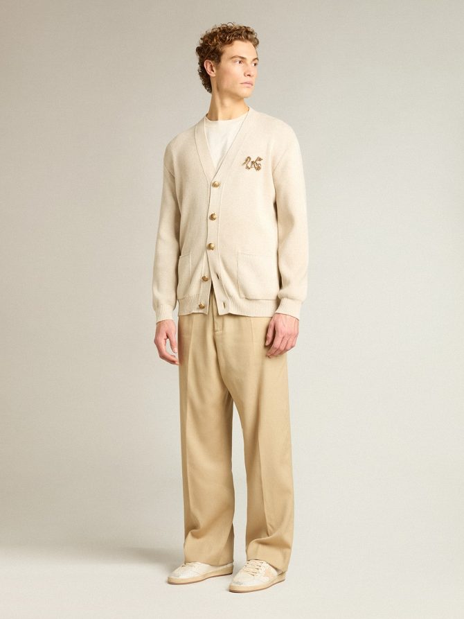Cardigan in aged white cotton with gold button fastening - Image 3