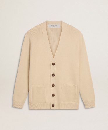 Men’s beige cardigan with ‘Golden’ lettering on the back