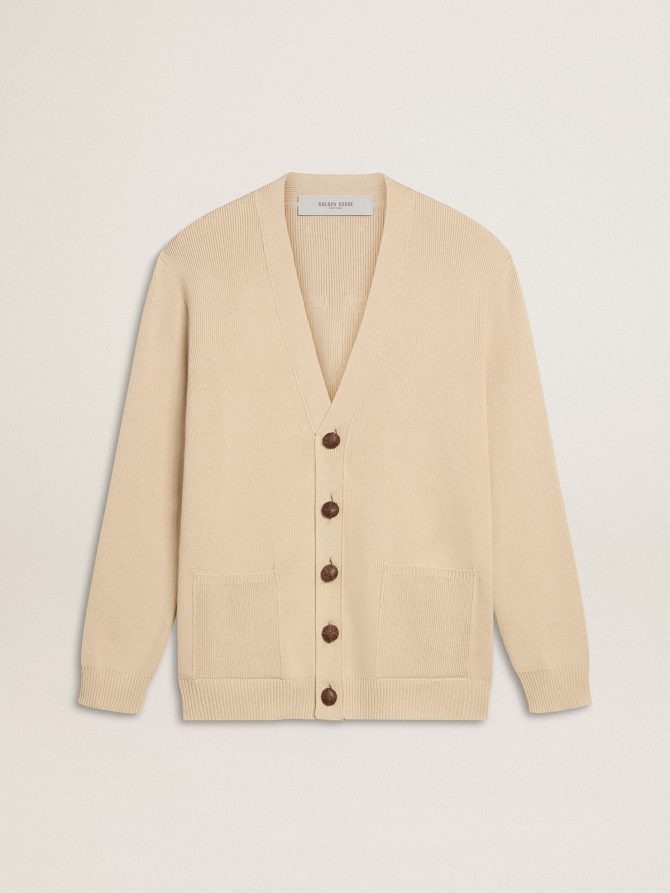 Men’s beige cardigan with ‘Golden’ lettering on the back