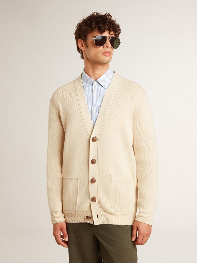 Men’s beige cardigan with ‘Golden’ lettering on the back - Image 2