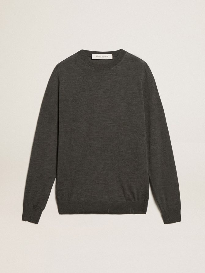 Men’s round-neck sweater in dark gray mélange wool