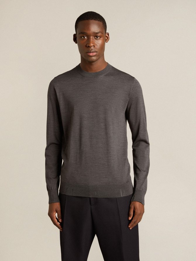 Men’s round-neck sweater in dark gray mélange wool - Image 2