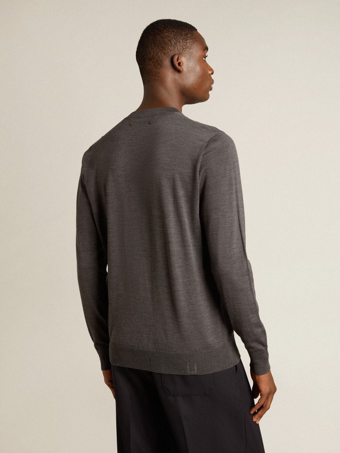 Men’s round-neck sweater in dark gray mélange wool - Image 4