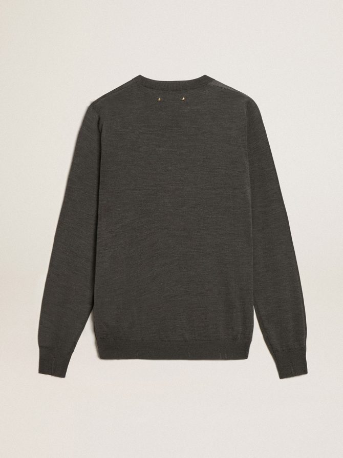 Men’s round-neck sweater in dark gray mélange wool - Image 5