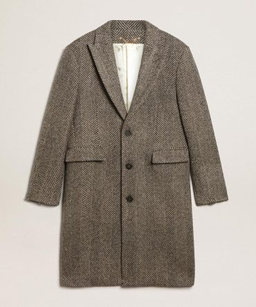 Men’s single-breasted wool coat with beige and gray herringbone weave