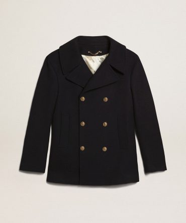 Men’s double-breasted coat in dark blue wool with gold buttons