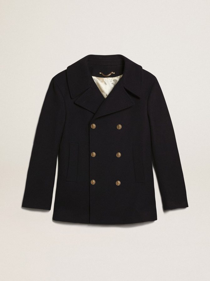 Men’s double-breasted coat in dark blue wool with gold buttons