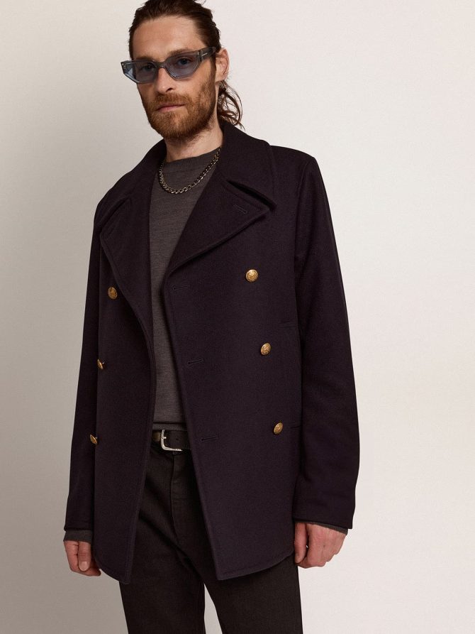 Men’s double-breasted coat in dark blue wool with gold buttons - Image 2