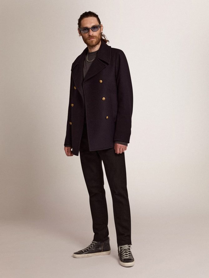 Men’s double-breasted coat in dark blue wool with gold buttons - Image 3