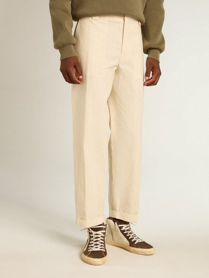Men’s cream-colored pants in striped cotton - Image 2