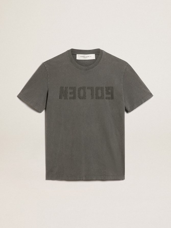 Men’s anthracite gray T-shirt with distressed treatment