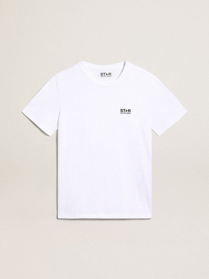 White T-shirt with contrasting black logo on the front