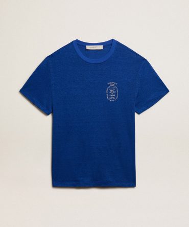 Men’s blue-colored linen T-shirt with print on the chest