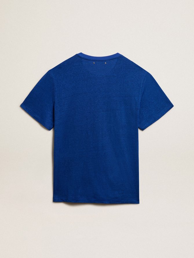 Men’s blue-colored linen T-shirt with print on the chest - Image 6