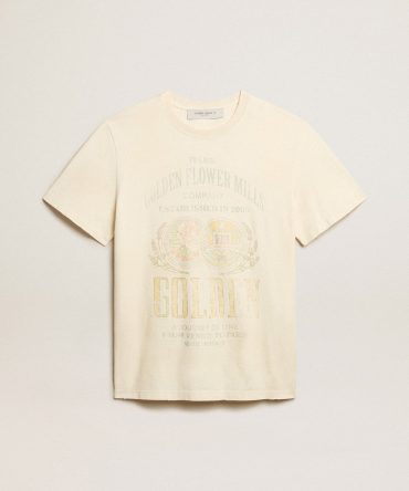 Men’s aged white cotton T-shirt with print on the front