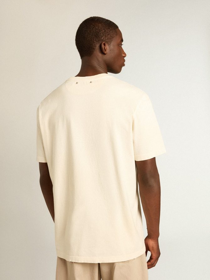 Men’s aged white cotton T-shirt with print on the front - Image 4