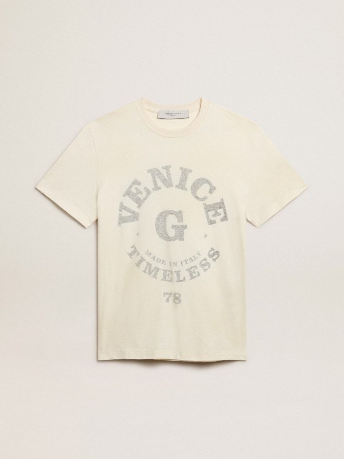 Men’s cotton T-shirt in aged white with faded lettering