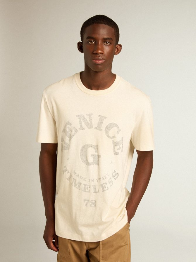 Men’s cotton T-shirt in aged white with faded lettering - Image 5
