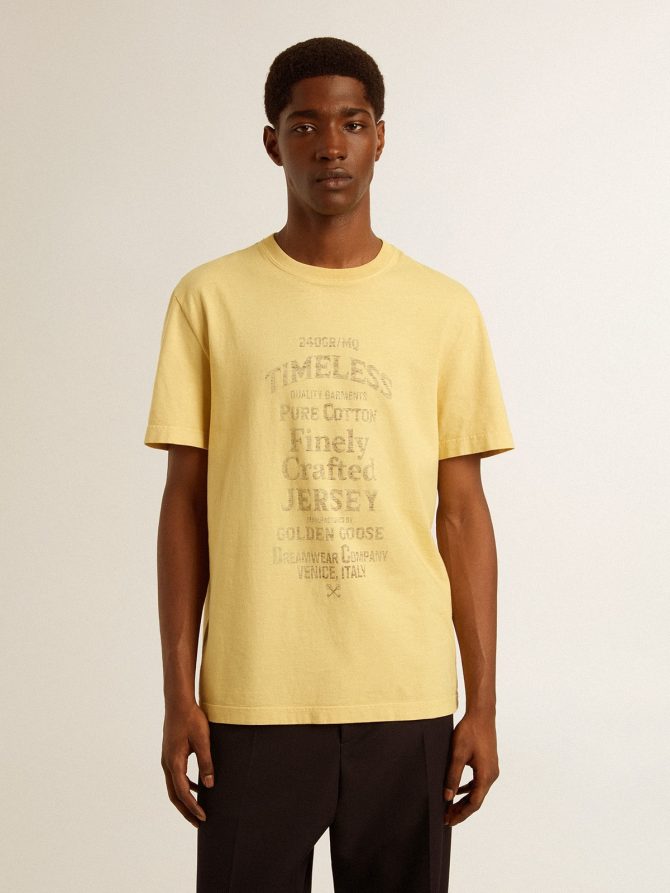 Men’s cotton T-shirt in pale yellow with faded lettering - Image 3