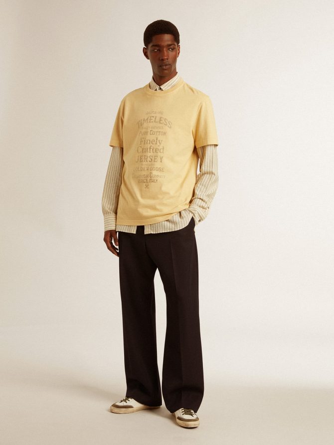 Men’s cotton T-shirt in pale yellow with faded lettering - Image 4