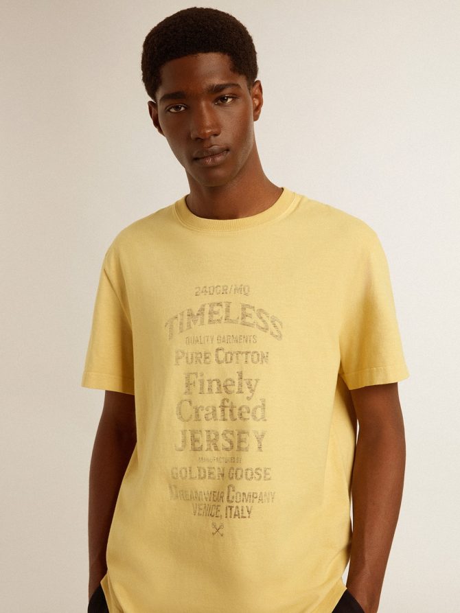 Men’s cotton T-shirt in pale yellow with faded lettering - Image 6