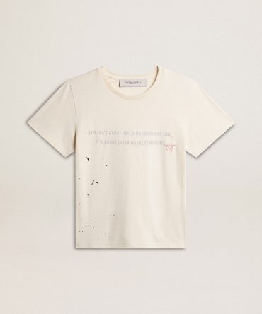 Men’s T-shirt in aged white cotton with print and embroidery