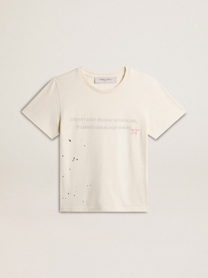 Men’s T-shirt in aged white cotton with print and embroidery
