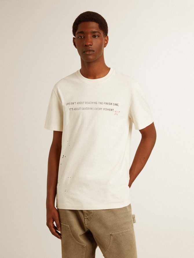 Men’s T-shirt in aged white cotton with print and embroidery - Image 2
