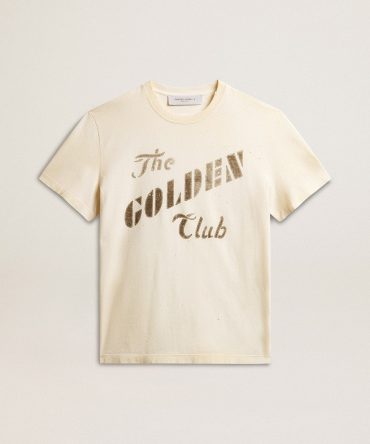 Men’s aged white cotton T-shirt with gold print