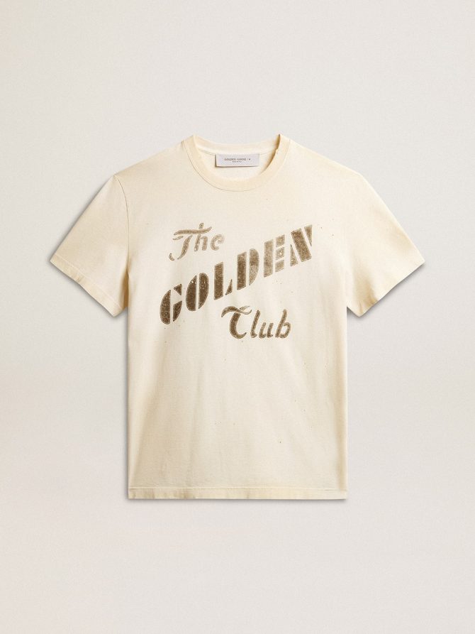 Men’s aged white cotton T-shirt with gold print