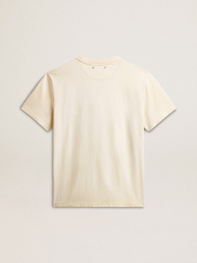Men’s aged white cotton T-shirt with gold print - Image 2