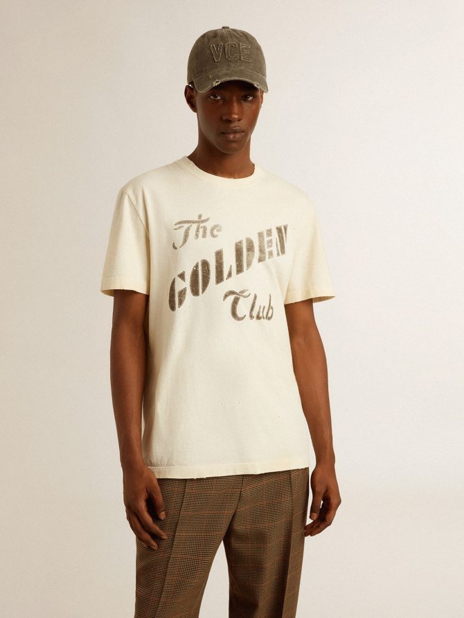 Men’s aged white cotton T-shirt with gold print - Image 3