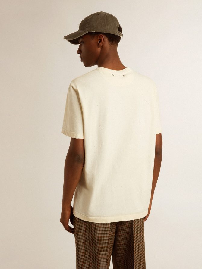 Men’s aged white cotton T-shirt with gold print - Image 4