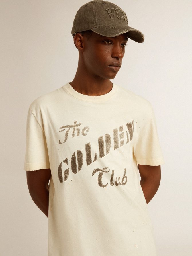 Men’s aged white cotton T-shirt with gold print - Image 5