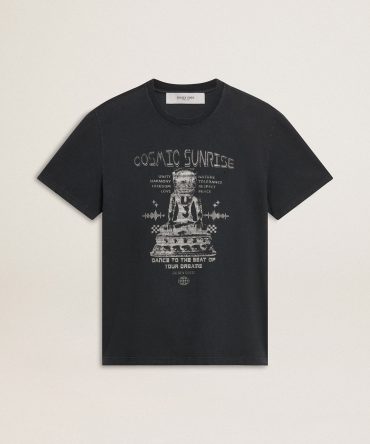 Men’s worn-black cotton T-shirt with print on the front