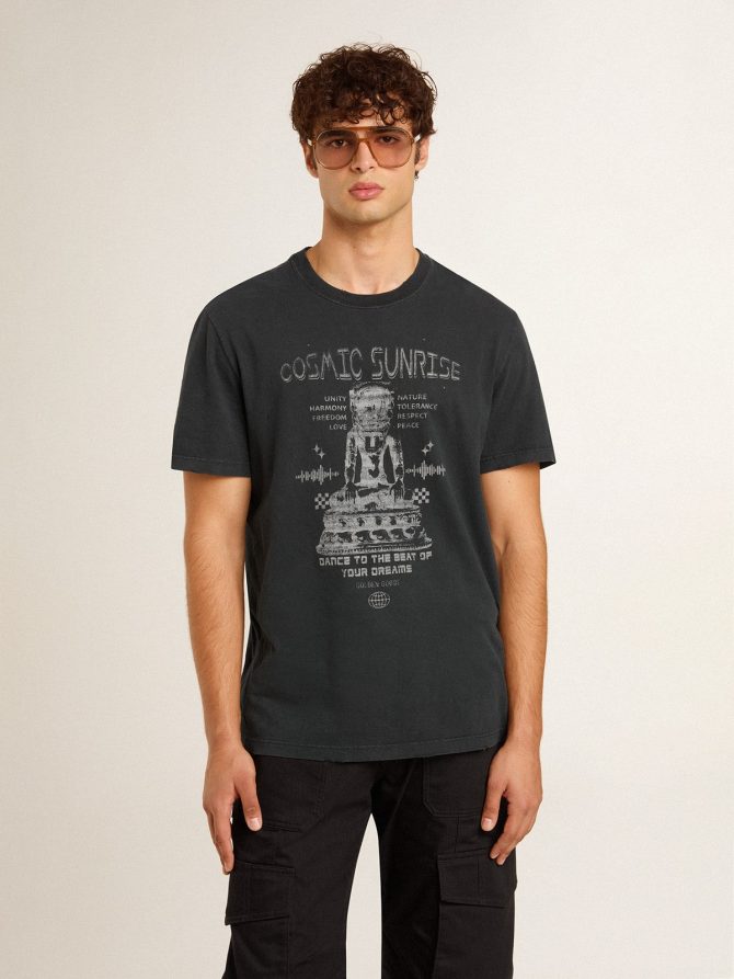 Men’s worn-black cotton T-shirt with print on the front - Image 2