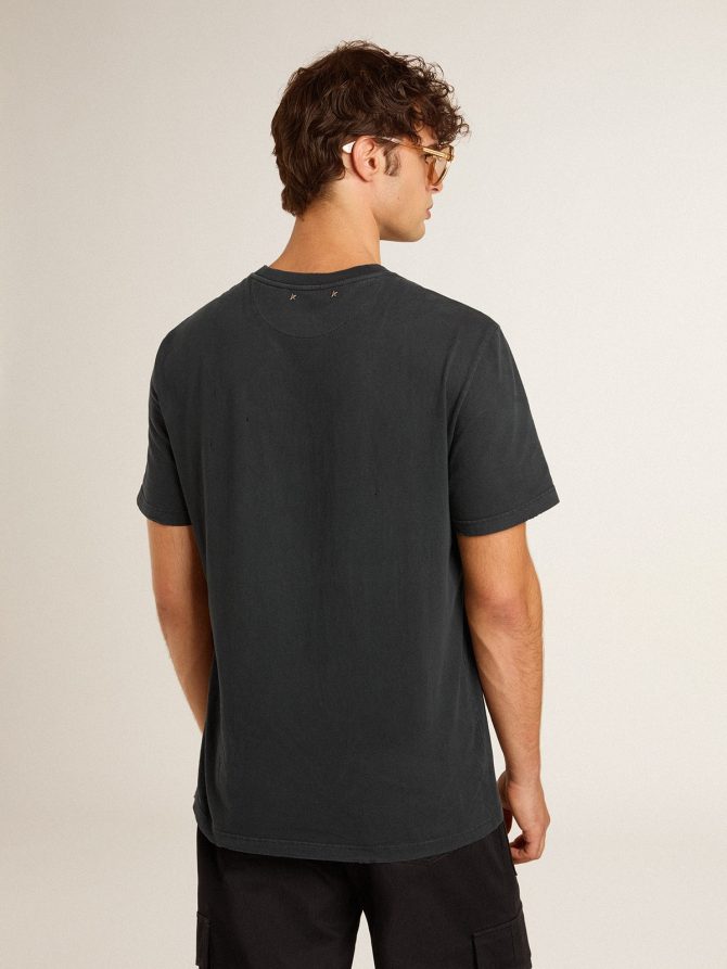 Men’s worn-black cotton T-shirt with print on the front - Image 4