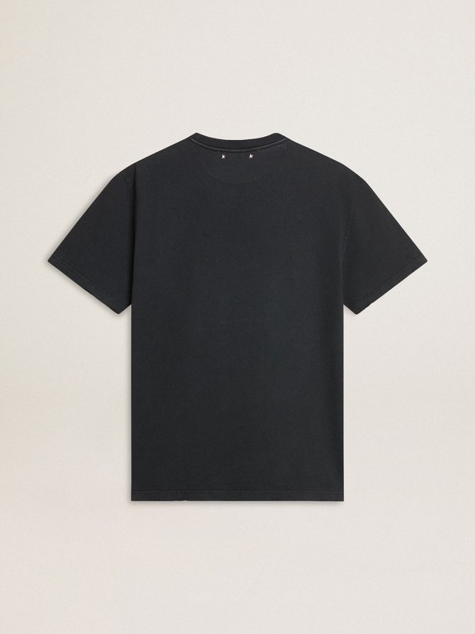 Men’s worn-black cotton T-shirt with print on the front - Image 5