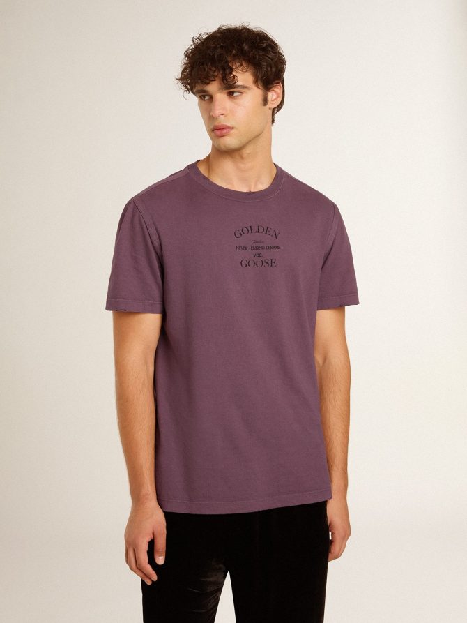 Men’s cotton T-shirt in worn purple with logo print - Image 2